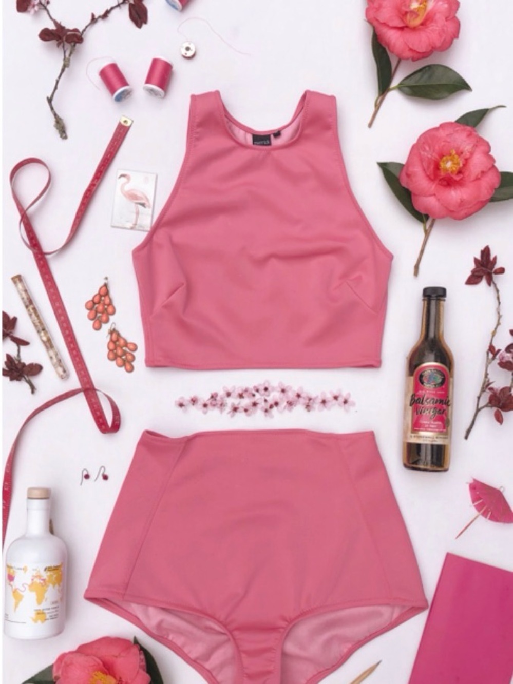 Merrick Maria Peony Pink High-Waist, Cropped Tank Top, Two-Piece Swimsuit